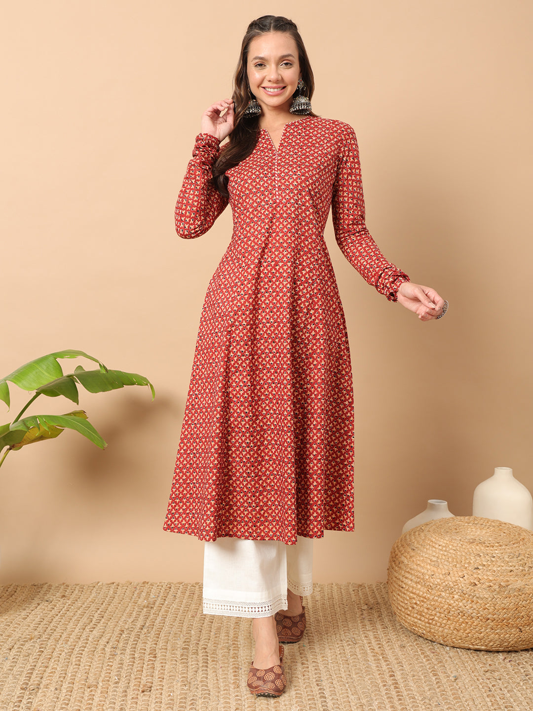 FIORRA Women's Floral Printed Red Cotton A-Line Kurta
